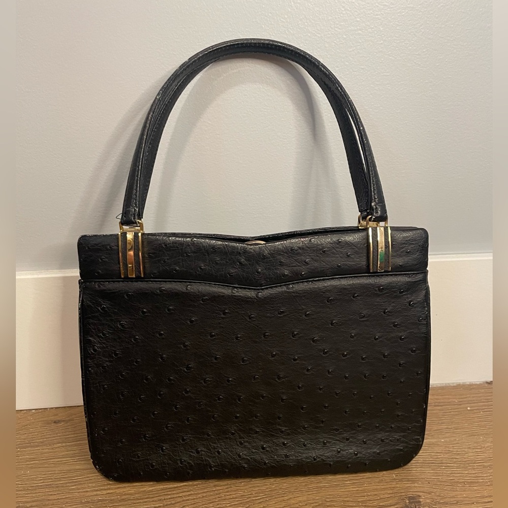 Vintage Ostrich Frame Bag Purse Black Gold Metalwork